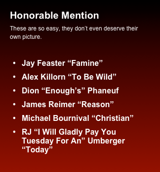 Honorable Mention
These are so easy, they don’t even deserve their own picture.

Jay Feaster “Famine”
Alex Killorn “To Be Wild”
Dion “Enough’s” Phaneuf
James Reimer “Reason”
Michael Bournival “Christian”
RJ “I Will Gladly Pay You Tuesday For An” Umberger “Today”